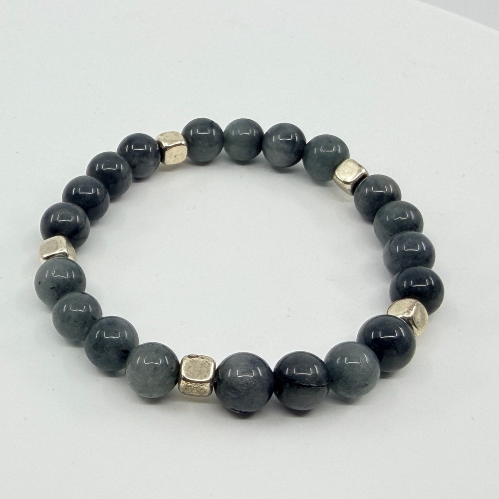 Vintage Y2K Grey Jade Beaded Stretch Bracelet Silver Tone‎ Accent Boho Unisex